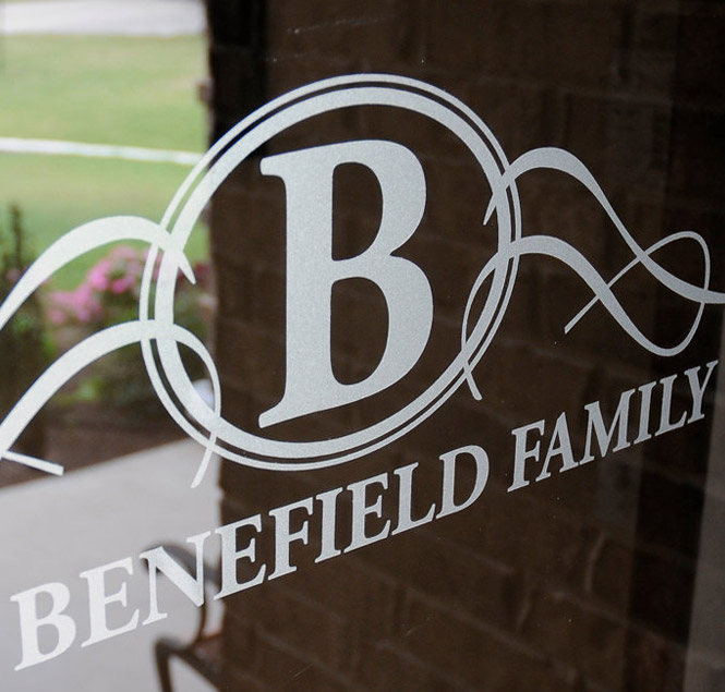 The Benefield Family etch glass window